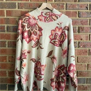 LC Lauren Conrad Pink and Cream Floral Turtleneck Sweater